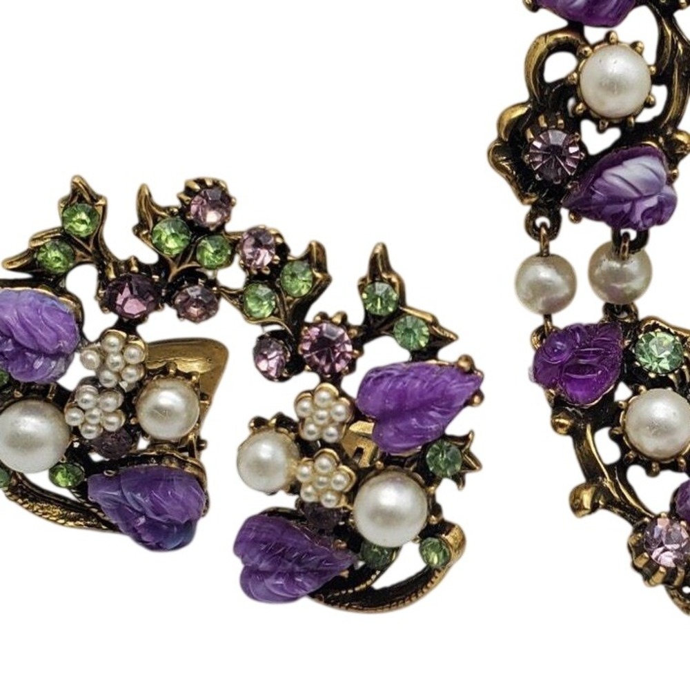 Purple Vine Bracelet Clip Earrings Leaf Faux Pearl Green Rhinestone Vintage Set
